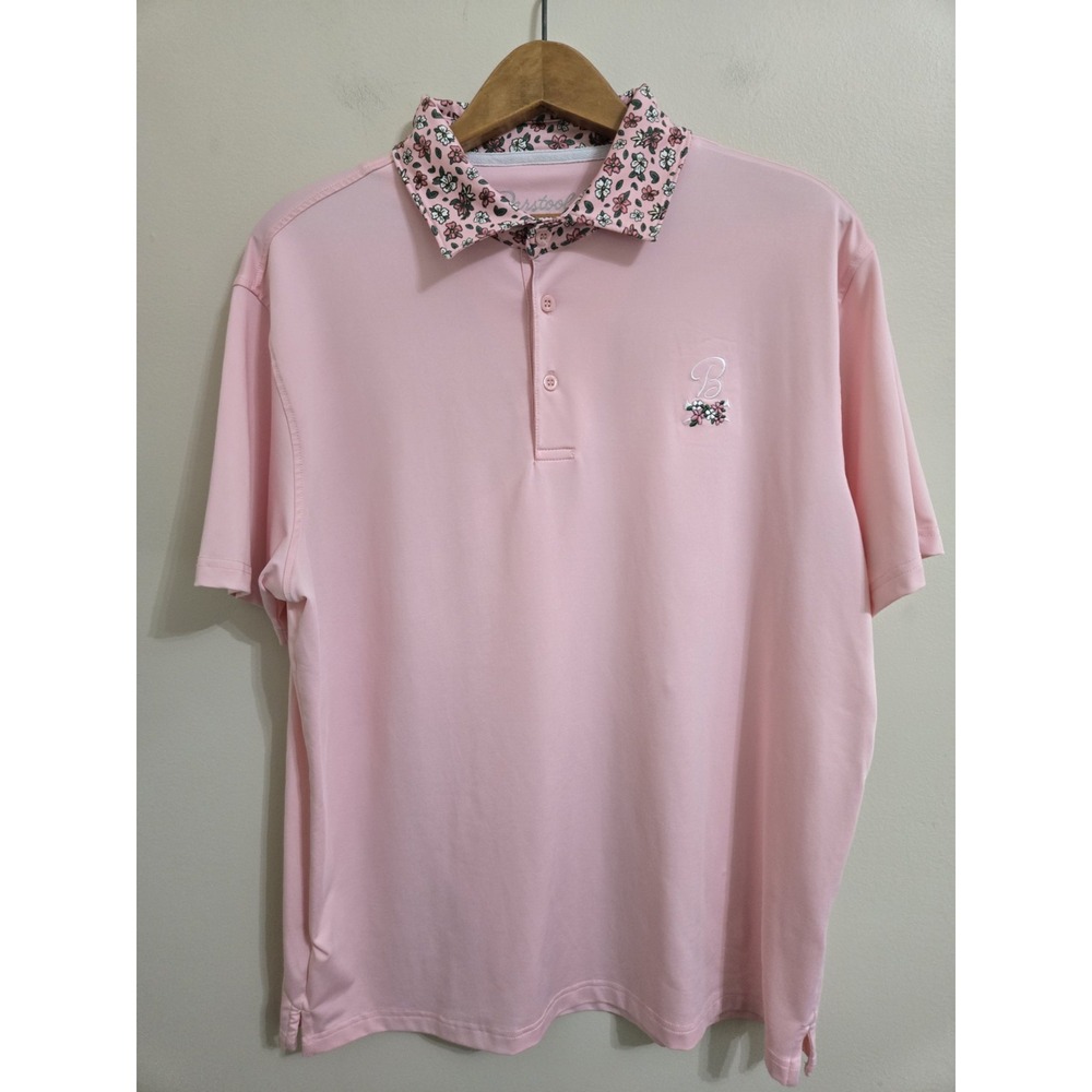 Barstool Golf Mens Pink Floral Collar Performance Polo Shirt Large Short Sleeve